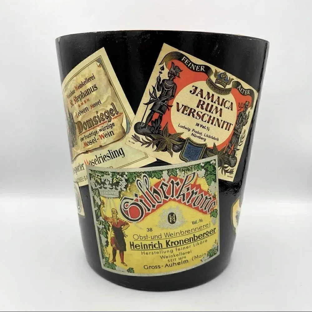 MidCentury W German Alcohol Label Decoupage Enameled Champagne Bucket & Coasters